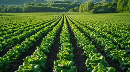 A lettuce field. Rows of vibrant lettuce, a symphony of green.