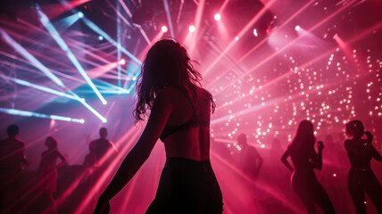 Woman dancing on stage in a club surrounded by laser beams and dancing people in the background