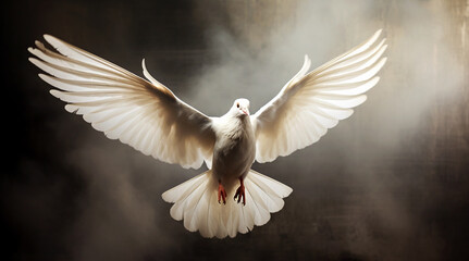 White dove flying. Symbol of a peace, hope, and love. Holy spirit concept