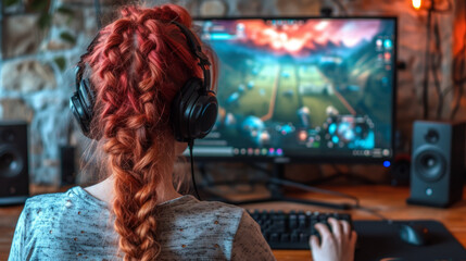 Woman gamer and blogger plays PC and streams her game on the Internet
