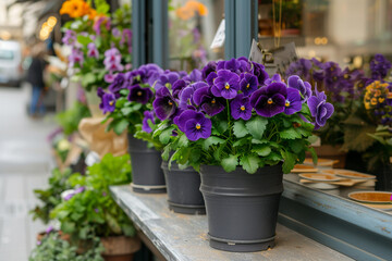 Fototapeta na wymiar Flower shop with delicate purple pansy in pots.
