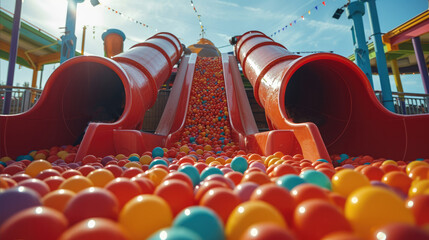 Three tubular red slides and a ball pit in a music festival. Generative AI. - obrazy, fototapety, plakaty