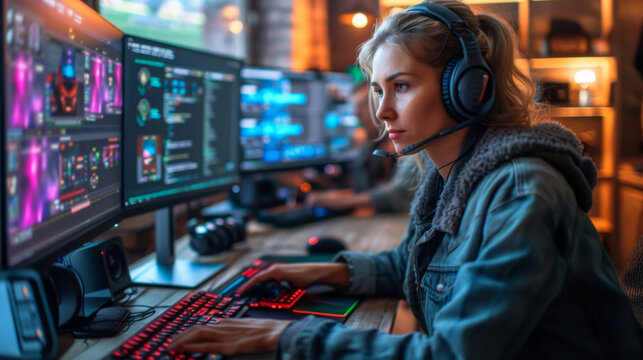 Woman gamer and blogger plays PC and streams her game on the Internet