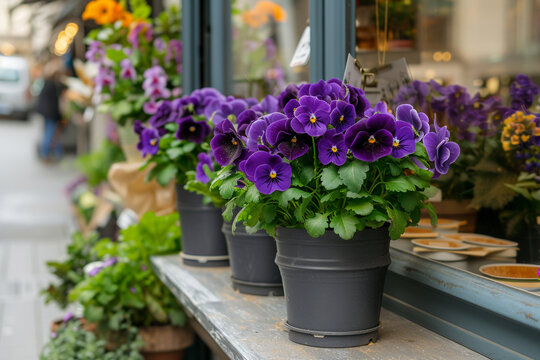 Flower shop with delicate purple pansy in pots.