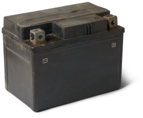 old discarded motorcycle battery, used lead acid battery isolated on white background, contain lead, sulfuric acid and other toxic chemicals which pose environmental hazards
