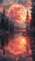Forest landscape, mountains, huge moon