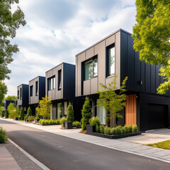 Modern modular private black townhouses. Residential architecture exterior