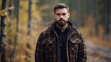 Naklejka na ściany i meble A man wearing a plaid shirt and dark brown jacket stands in the forest, facing the camera, with ample space for text.