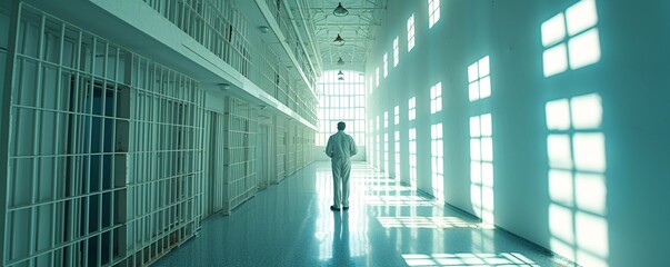 a man standing in a hallway with jail cells