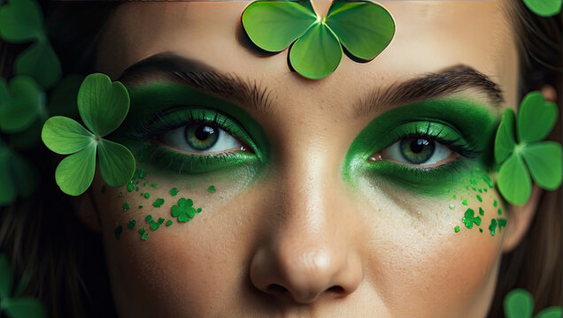 Makeup and hairstyle of a young woman in green with clover leaves for St. Patrick's Day. Close-up beauty portrait
