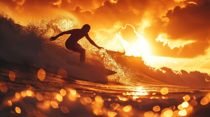 A surfer surfs a wave at sunset