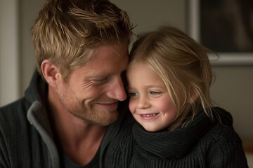Obraz premium Happy young blond father and daughter in black clothes. Father's day concept.