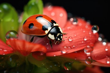 ladybug on red flower petal with water drops close up, Ladybug on flower petal with water drops, Ai generated
