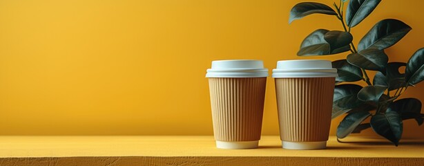 Two paper coffee cups on yellow background with green plant. Copy space