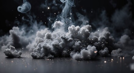 Gray glitter smoke particles on black background