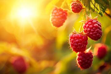 A bush with ripe sweet raspberries in the garden against the backdrop of the setting sun.