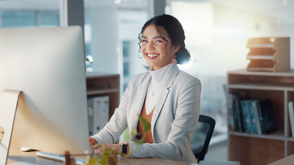 Portrait of woman at desk with computer, smile and email, job report or article at digital agency....