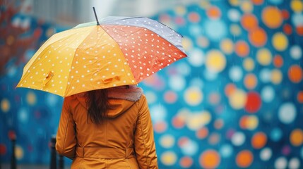 Woman in bright raincoat walking under colorful polka dot umbrella. Generative AI.