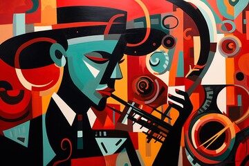 a painting of a man playing a trumpet