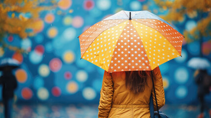 Woman in bright raincoat walking under colorful polka dot umbrella. Generative AI.