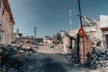 destroyed and burned houses in the city Russia Ukraine war