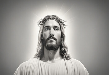 Sketch of Jesus Christ on white background with copy space