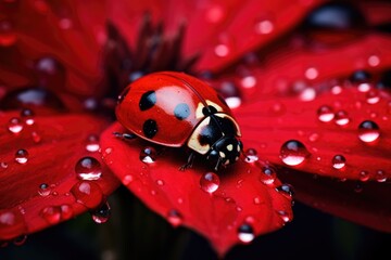 A ladybug sitting on a red flower on blurred background with water drops isolated on black background, Ladybug on flower petal with water drops, Ai generated