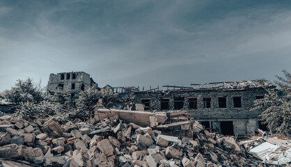 destroyed and burned houses in the city Russia Ukraine war