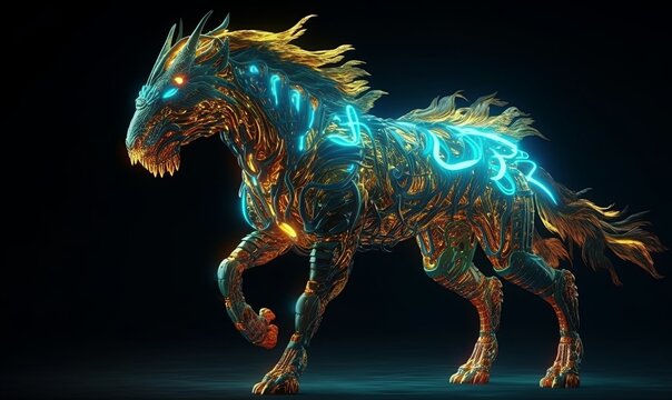Digital neon qilin background. Mythical cyber chinese techno 3d kirin beast with glowing wires and eyes with legendary dragon and horse features