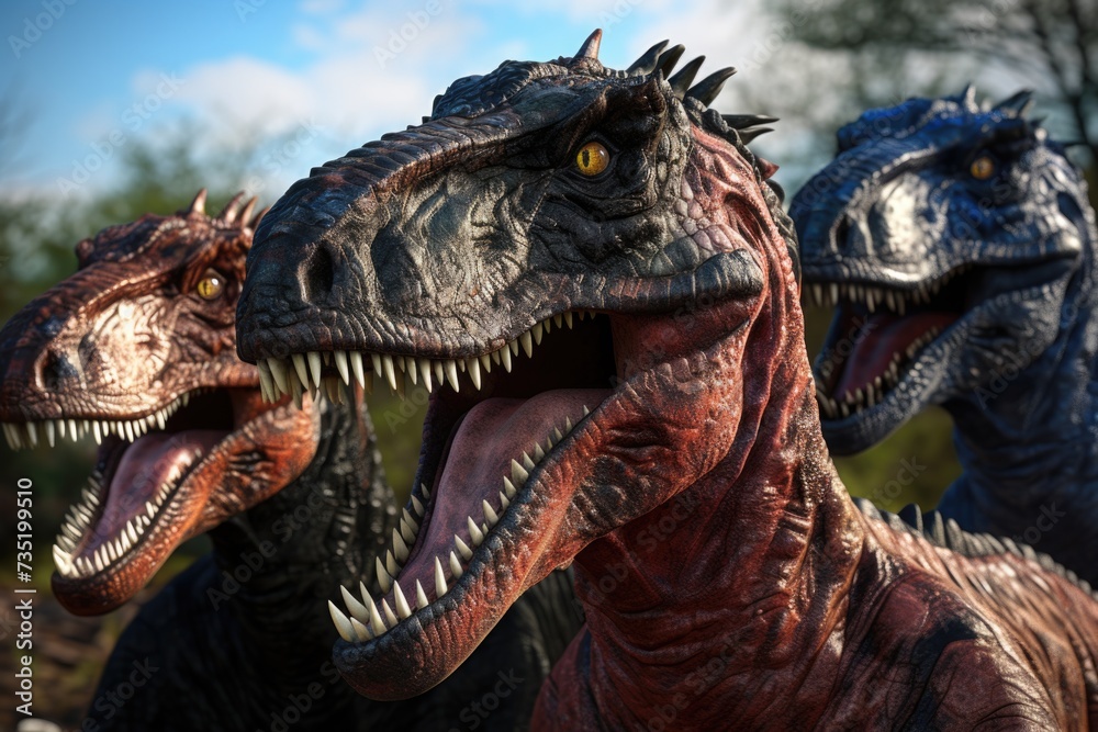 Poster three dinosaurs captured in a close-up shot, showcasing their open mouths. this image can be used to
