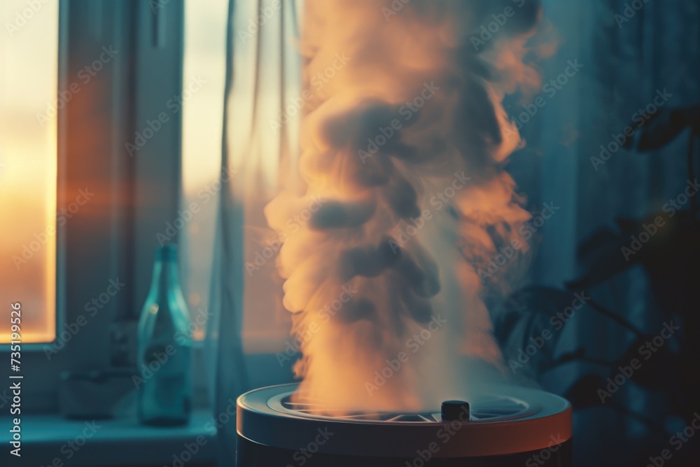 Aufkleber A humidifier with steam rising out of it is pictured in front of a window.