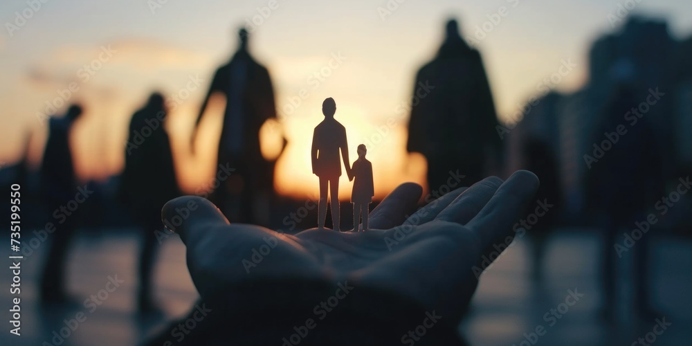 Poster a person is seen holding a small figure in front of a group of people. this image can be used to rep