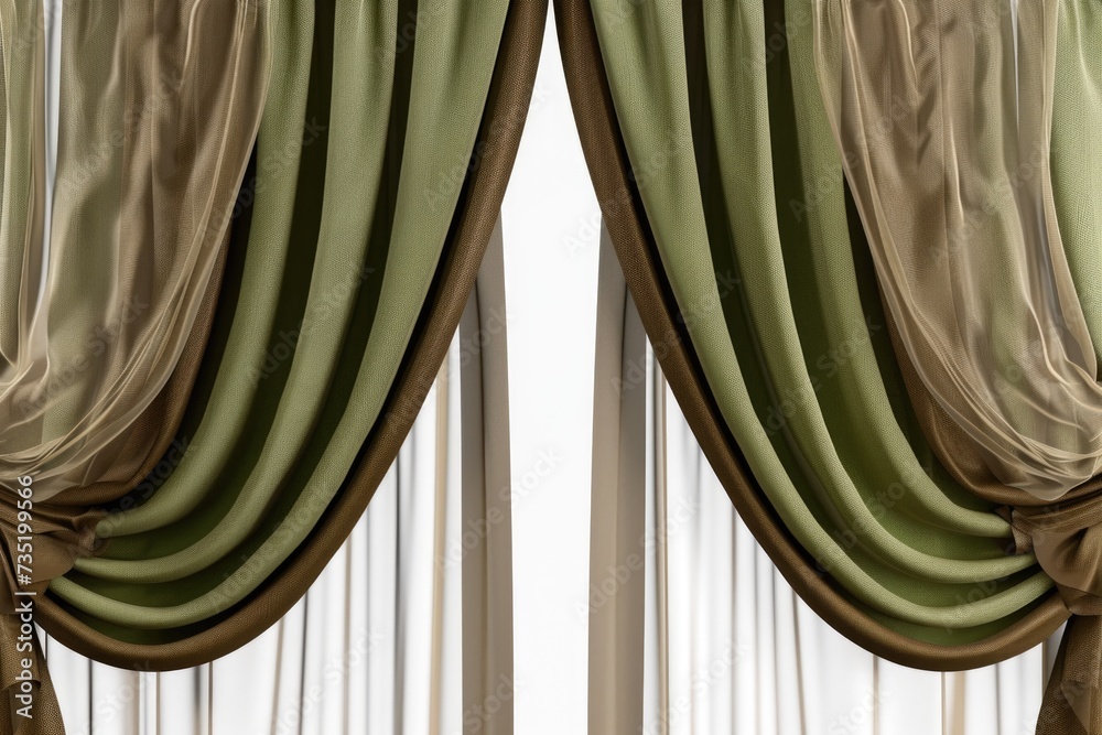 Poster Window with green and brown drapes. Can be used to add a touch of nature and warmth to any interior design