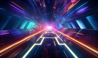 Fototapeta na wymiar Digital neon high speed cyber tunnel background. Cyber blank glowing 3d hyperjump with laser code and lines for dynamic competition and movement