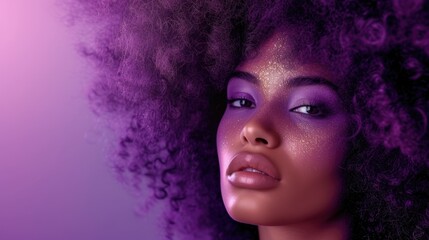 Fototapeta premium Woman with voluminous curly afro hairstyle on purple background