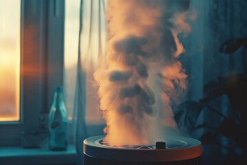 A humidifier with steam rising out of it is pictured in front of a window.