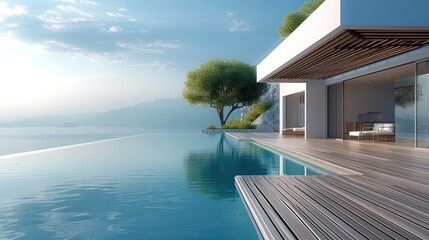 Luxury Island home, minimalist architectural style, wood deck with infinity pool, slatted wood pergola. Generative AI.