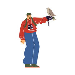 Man with cap and binoculars with sitting falcon at arm's length