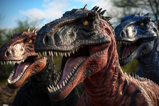 Three dinosaurs captured in a close-up shot, showcasing their open mouths. This image can be used to depict prehistoric creatures or for educational purposes