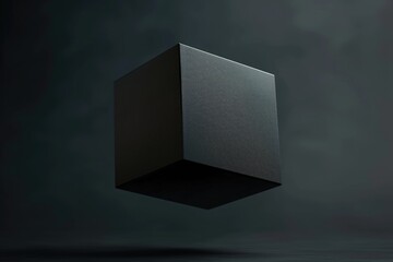 A black cube suspended in mid-air. Suitable for abstract concepts and modern designs
