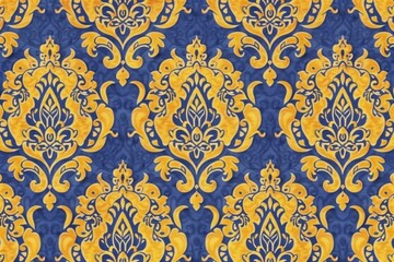 Blue and yellow wallpaper with ornate designs. Perfect for adding a touch of elegance to any room