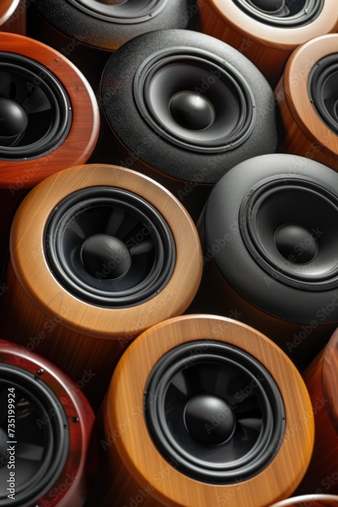 Poster A pile of speakers stacked on top of each other. Versatile for various audio-related themes
