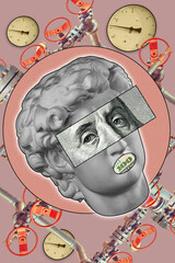 Pop art collage with antique statue head and industrial objects and dollar bill details. Surreal poster, template for concept design or cover. Alternative zine culture.