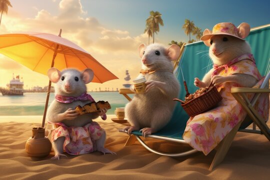 Whimsical Mouse beach vacation. Mice sea. Generate Ai