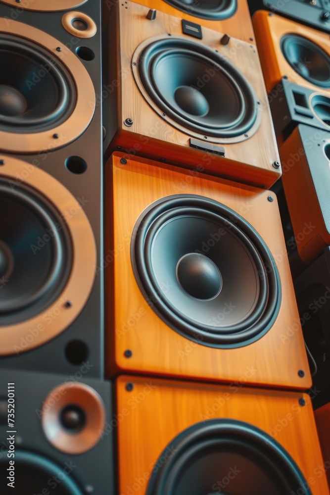Poster A pile of speakers stacked on top of each other. Versatile image suitable for various themes and concepts