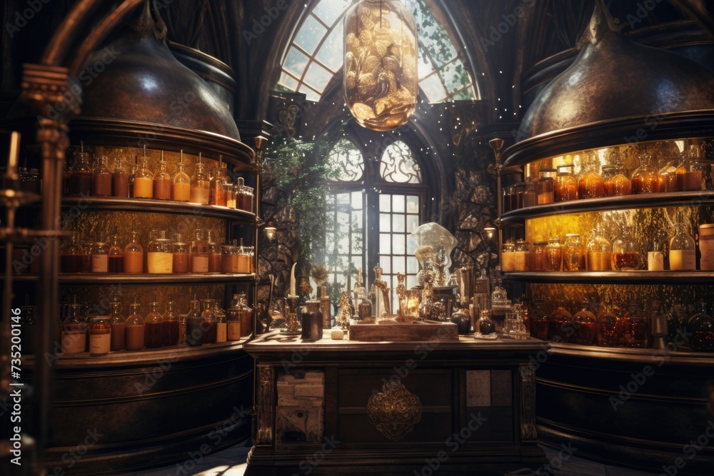 Poster A room filled with various bottles and jars. Perfect for showcasing a collection or representing organization.