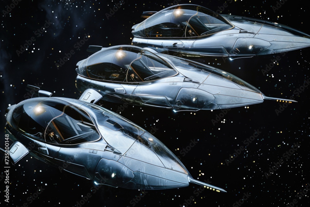 Poster Three futuristic spaceships flying through space with stars in the background. Suitable for sci-fi and space-themed projects
