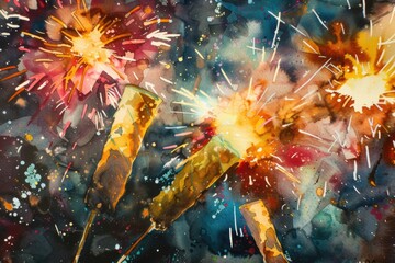 A vibrant painting capturing the beauty of fireworks lighting up the night sky. Perfect for adding a festive touch to any celebration or event