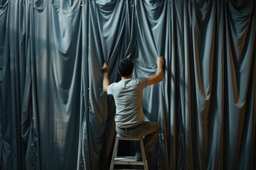 Fototapeta na wymiar A man is sitting on a ladder in front of a curtain. This image can be used to depict a variety of concepts and situations