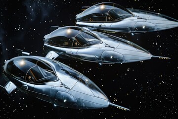 Three futuristic spaceships flying through space with stars in the background. Suitable for sci-fi and space-themed projects